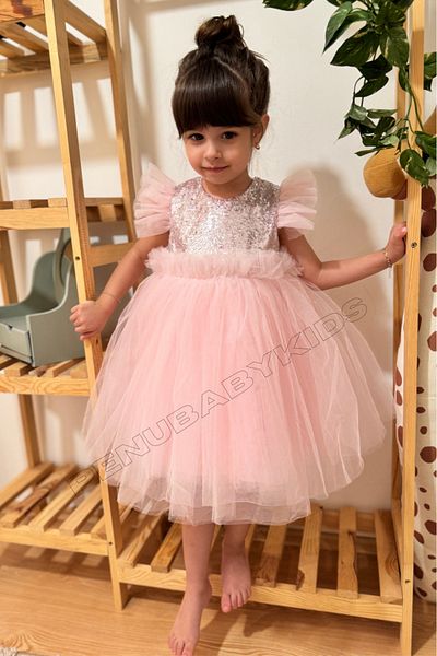 penu baby kids Pink Sequined Tulle Skirt Sleeveless Girl's Dress