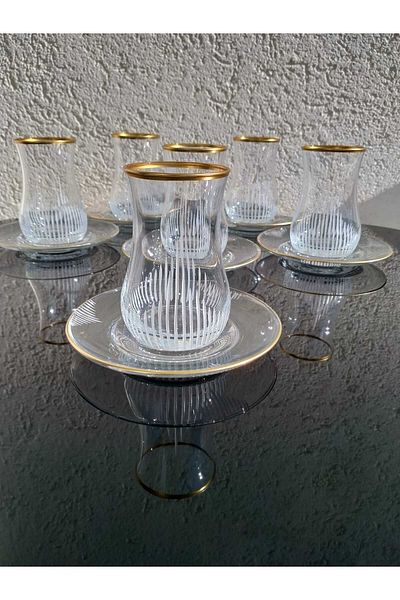 Paşabahçe -Lav 12 Piece Gold Gilt Gold Tea Set