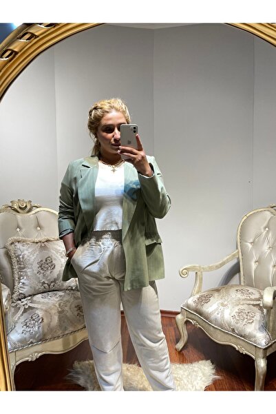 Gokilibutik Kadın Içi Astarlı Düğmesiz Haki Yeşil Çizgili Blazer Ceket