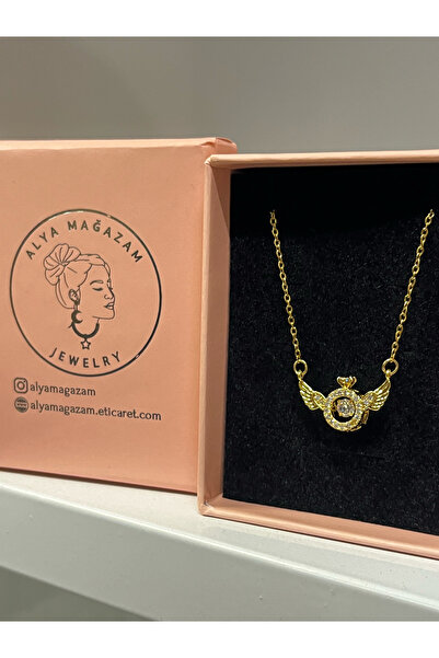 alyamagazam Kadın Gold Çelik Zirkon Taş Tektaş Yüzük ve Melek Kanatlı Kolye