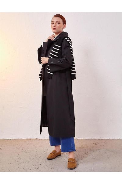 Kayra Bone Buttoned Oversize Trench Coat Black Ka-A23-14022