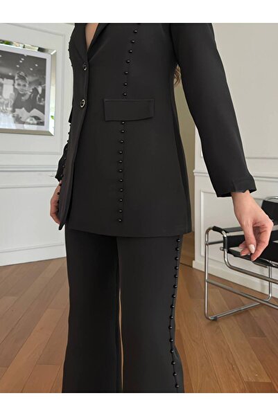 1Moda1Tarz Black Pearl Embroidered Atlas Necklace and Jacket-Pants Set