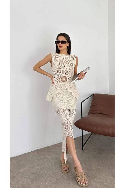 1Moda1Tarz White Lace Patterned Knitwear Blouse and Skirt Set - Summer, Bottom-Top Set