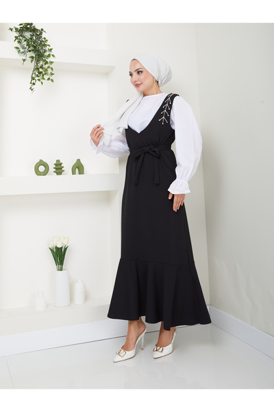 VOLT CLOTHİNG Gilet-Kleid mit besticktem Gürtel für Damen in Stein