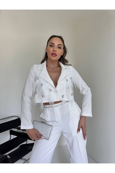 1Moda1Tarz White Tassel Detailed Women's Jacket and Chain Belted Trousers Set