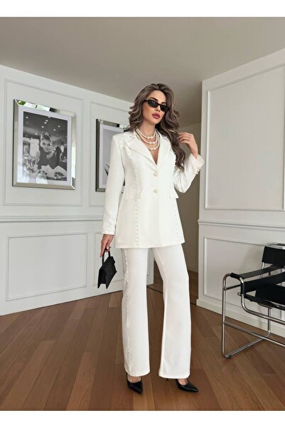 1Moda1Tarz White Pearl Embroidered Atlas Fabric Women's Necklace and Jacket-Pants Set