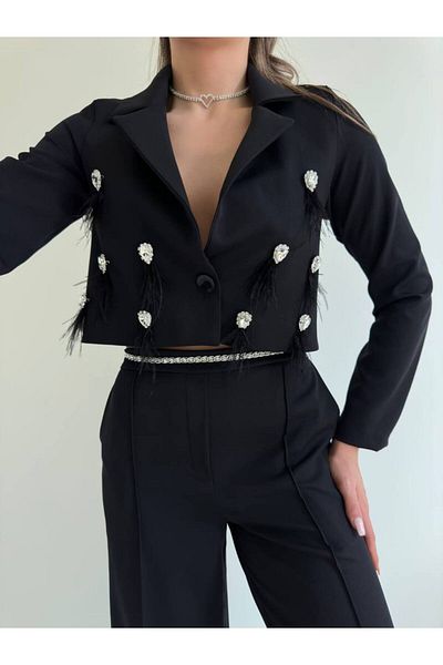 1Moda1Tarz Black Tassel Detailed Imported Fabric Jacket and Chain Belt Trousers Set
