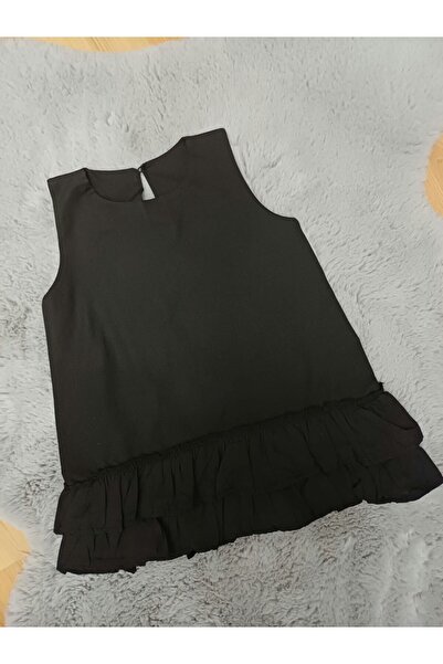 Butik Girl's Casual Cotton Black Ruffle Backless Button Closure Zero Sleeve D...