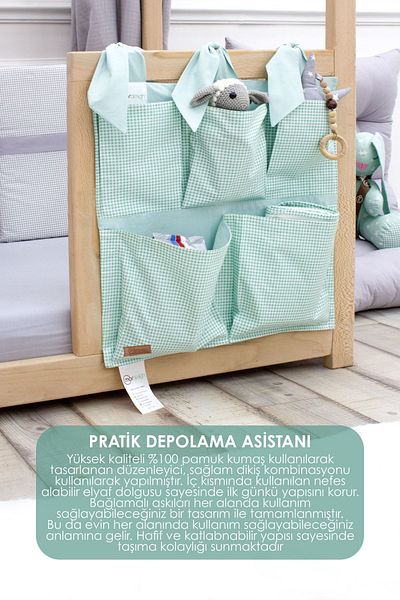 mordesign Mint Colored Newborn Crib Side Organizer - 5 Pocket Baby Room Organizer, Plaid Pattern