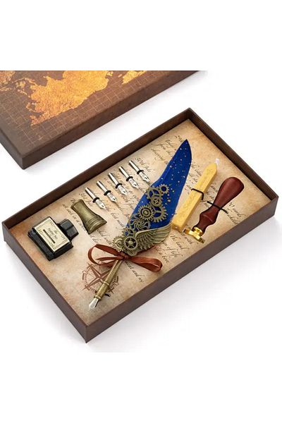 taşarzade Patterned Premium First Class Model Dip Inkwell Set with Five Colors Head, Wax Seal and Ink