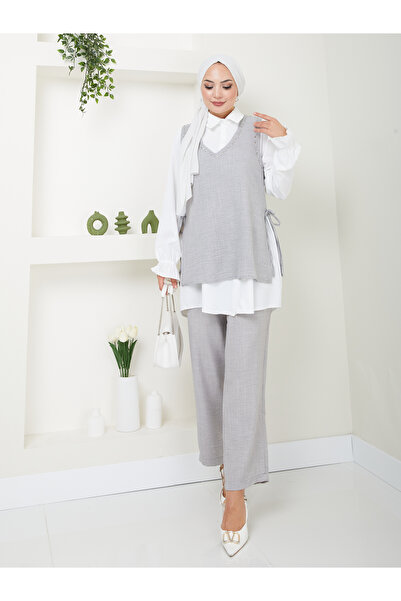 VOLT CLOTHİNG Linen Women's Shirt Set - Side Tie and Stone Embroidered Set of 3