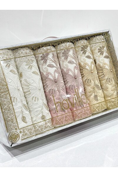 AYHANHOME Csipkés szatén hímzett dobozos luxus hozomány 50x90 6 részes kéztörlő készlet