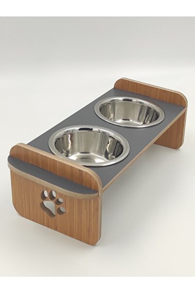 hural ahşap dekorasyon Paslanmaz Çelik Kaseli Ahşap Kedi Köpek Mama Ve Su Kabı