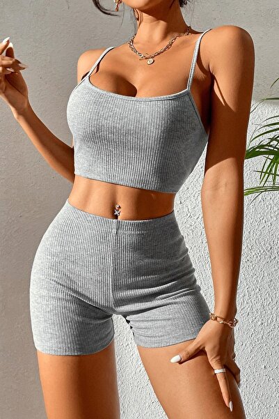 Imoda Kadın Gri Melanj Şortlu Kaşkorse Gecelik Takım