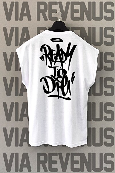 Vordevia Tricou alb Ready To Die Fitness - Imprimat pe spate, mâneci zero