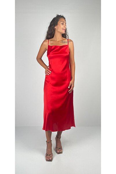 Socrates Safir  İnce Askılı Degaje Yaka Uzun  Saten İpek  Elbise