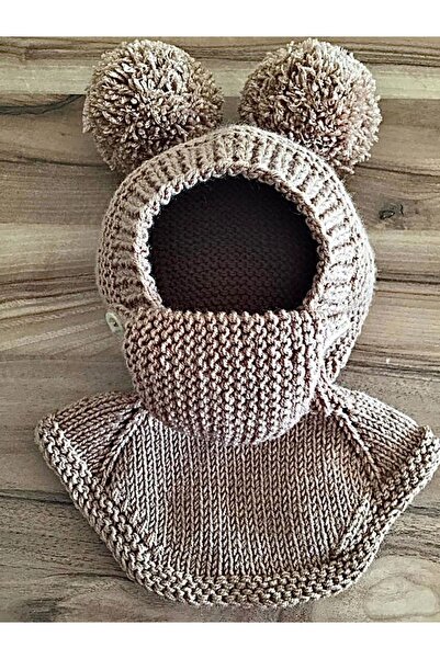 Sistaful Çocuk Bebek Bej Çıkarılabilir Maskeli Balaklava Ponponlu Bere