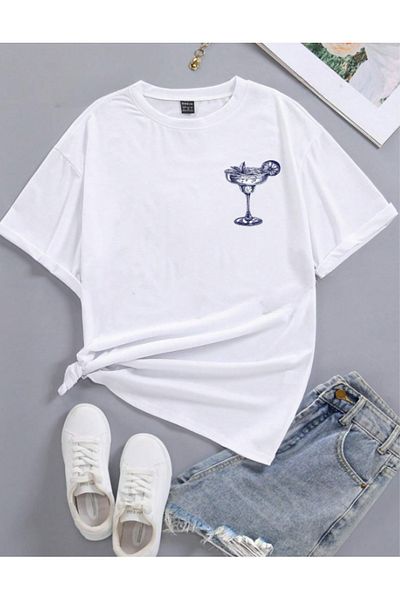 AEMİ Margarita Printed Γυναικείο Oversize Λευκό T-shirt - Crew Neck