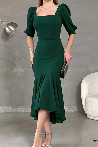 Planet Prestige Κρεπ ύφασμα πράσινο μακρύ φόρεμα - τετράγωνος γιακάς, κοντό μανίκι πριγκίπισσας