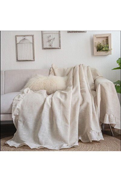 EVYA %100 Ham Pamuklu Keten Fırfırlı Koltuk Örtüsü Vintage 170x220 Cm