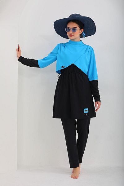 MAG FASHİON Large Size Pleat Detailed 3 Piece Full Covered Hijab Swimsuit - Burkini