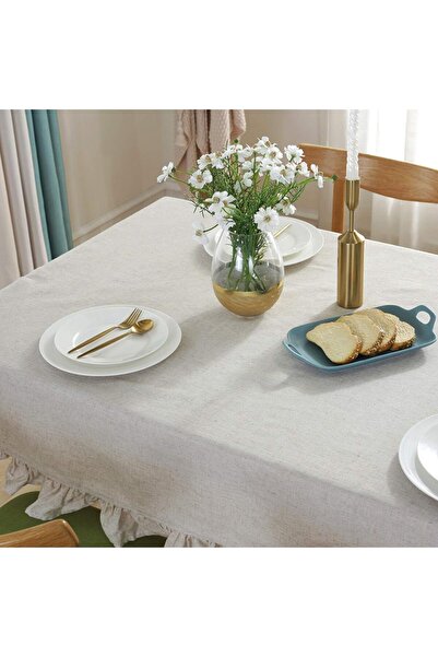 EVYA Fata de Masa 100% Bumbac Crud In Volane 160x220 Cm Fata de Masa Sufragerie Bucatarie Vintage