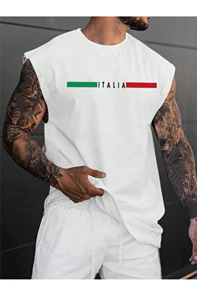 Fun Fashion Tricou oversize fără mâneci cu imprimeu Italia pentru bărbați