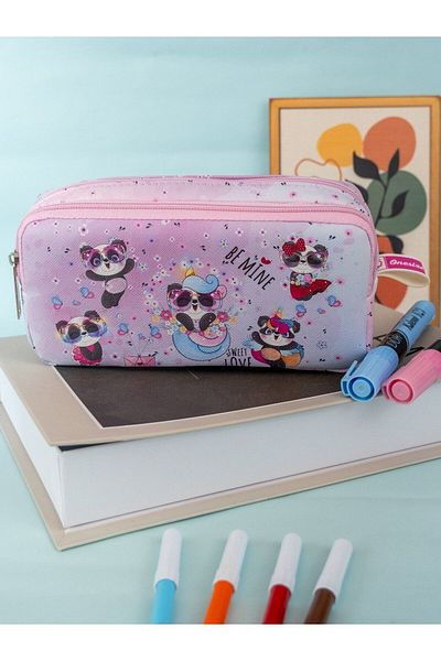 OneSize Cute Pandas Two-Compartment Vegan Leather - Double-Eye Pencil Holder