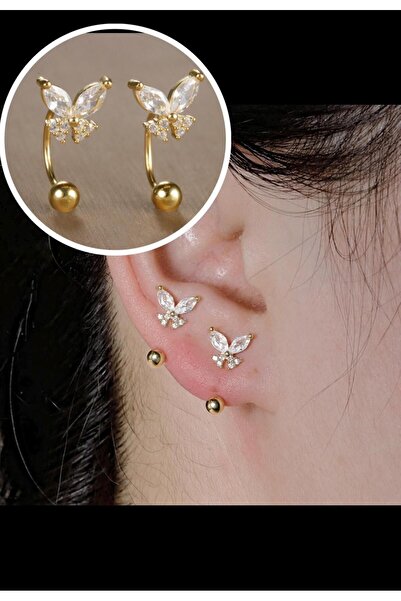 Arescollection 1 ADET ZİRKON TAŞLI KELEBEK MODEL HALKA HELİX KIKIRDAK KULAK MEMESİ UYUMLU PİERCİNG KÜPE
