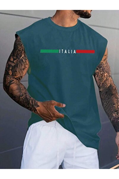 Fun Fashion Tricou oversize fără mâneci cu imprimeu Italia pentru bărbați