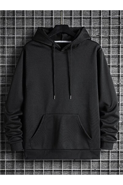 one button Unisex Μαύρο Φούτερ με κουκούλα και τσέπη καγκουρό, μαύρο hoodie