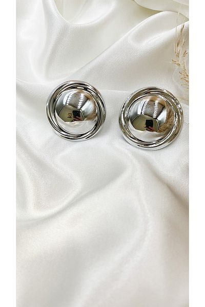 Eylülün Takısı Large Size Silver Colored Round Women's Pinterest Earrings