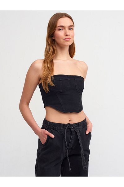 Dilvin 50712 Bustieră din denim cu fermoar lateral-negru