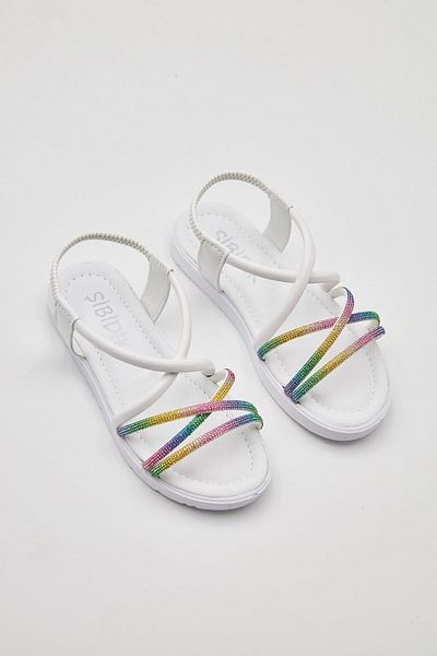 Şirin Bebe Sandale albe pentru fete cu talpă ortopedică cu pietre colorate strălucitoare și elastic pentru glezne