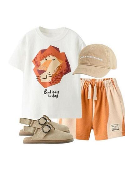 minibambi طقم تي شيرت وشورت مخطط بنمط أسد للأولاد - طقم مكون من قطعتين