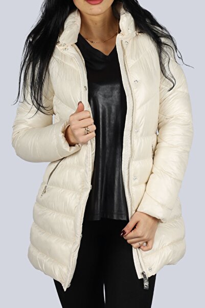 Liu Jo Kadın Kapşonlu Yaka Marka Detaylı Fermuarlı Şişme Ekru Mont MF3065TS045-20304