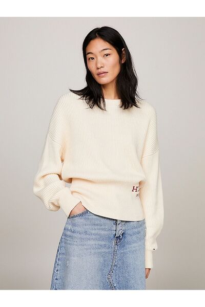 Tommy Hilfiger Women's Logo Round Neck Long Sleeve Casual Beige Sweater WW0WW...