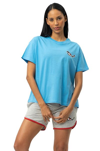 No Fear Tricou de damă din bumbac pieptănat cu mânecă scurtă, albastru, cu decolteu, W50083