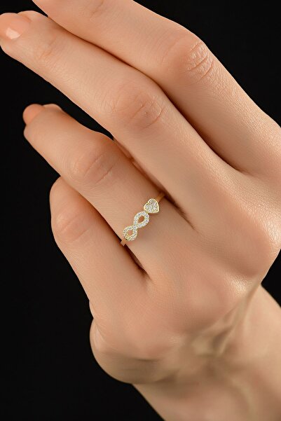 Çgk Çiğdem Gürel Kuyumculuk Sonsuzluk ve Kalp Figürlü Taşlı 8 Ayar Altın Yüzük