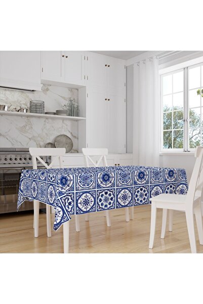 Else Halı Blue and White Linen Tablecloth - Tile Pattern, Digital Printed, Stain-Proof and Care-Free