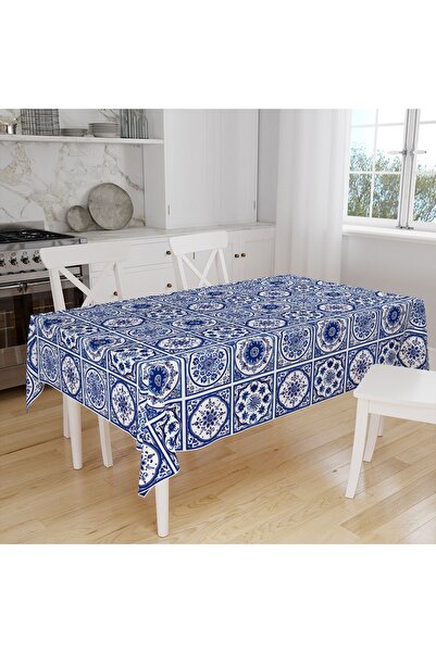 Else Halı Blue and White Linen Tablecloth - Tile Pattern, Digital Printed, Stain-Proof and Care-Free