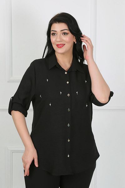 By Alba Collection Cămașă de damă, neagră, cu bijuterii din in moale, mărime mare