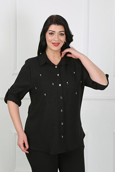 By Alba Collection Women's Black Jewelled Soft Linen Large Size Shirt