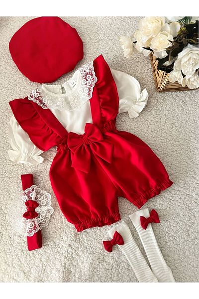 BİYA BABY Short Sleeve Shirt Girl's Baby Strap Shorts Salopet Bandana Hat Socks Set