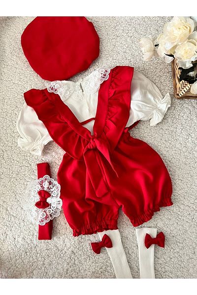 BİYA BABY Short Sleeve Shirt Girl's Baby Strap Shorts Salopet Bandana Hat Socks Set