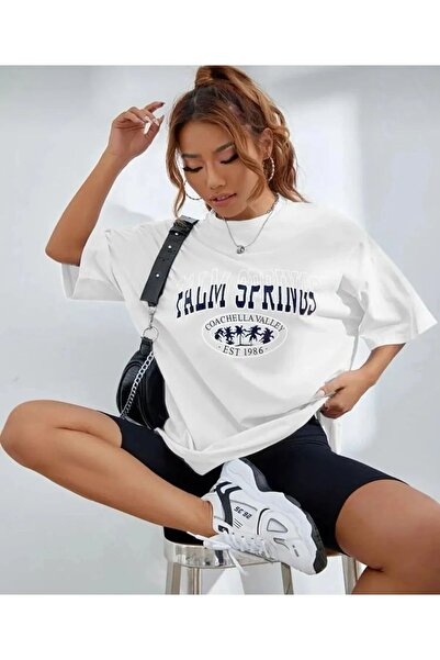 VESTIR BIEN Tricou alb oversize unisex cu imprimeu Palm Springs