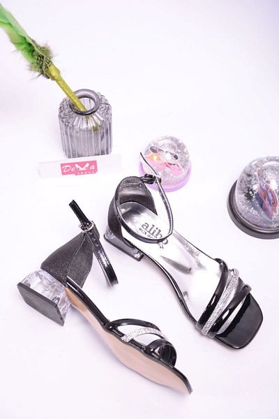 Demashoes Pantofi cu toc detaliați cu piatră, cu toc transparent, biela neagră de lux pentru fete