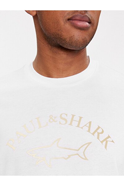 PAUL&SHARK Λεπτομερές λογότυπο ανδρικής μάρκας με λαιμόκοψη με κανονική εφαρμογή λευκό μπλουζάκι 24411032-010