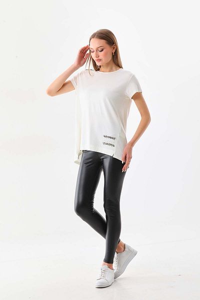 Büşra Triko Women's Pearl Decorated Short Sleeve Combed Cotton Blouse 19463 Ecru