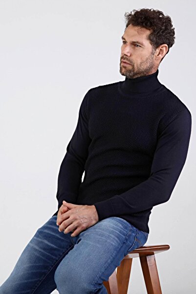 Çizgi Triko Чоловічий трикотажний светр з коміром-стійкою з бавовни 4669e Синій
